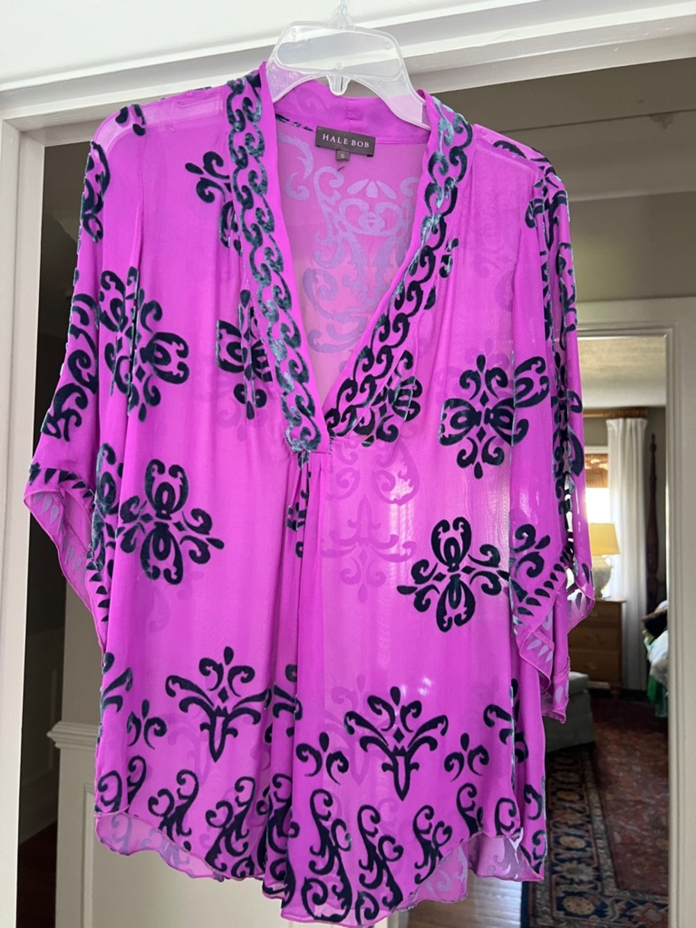 Hale Bob Vibrant Magenta Sheer Kimono with Black Scroll Print